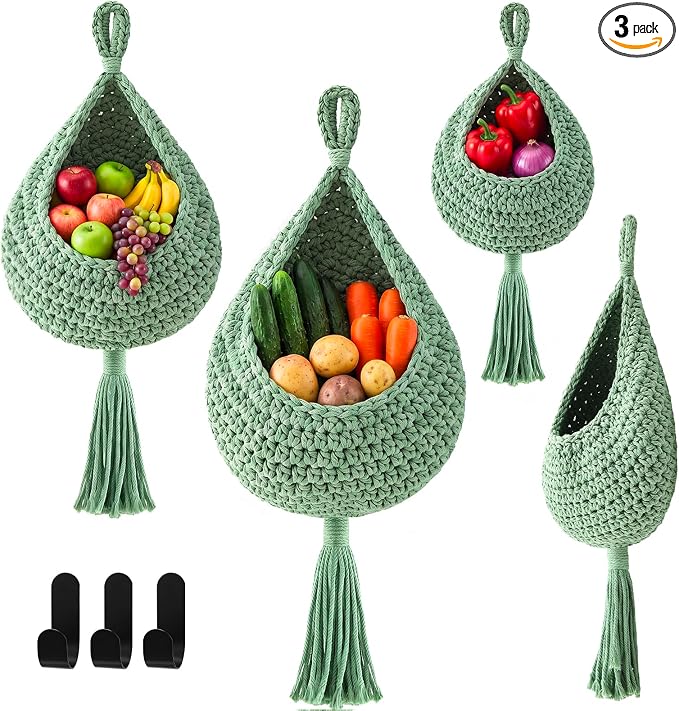 Honeydak 3 Hanging Baskets, Sage Green, Cotton Rope by Honeydak