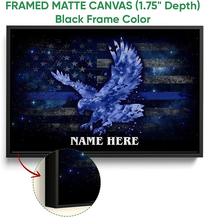 Personalized Police Poster & Framed Canvas, Bald Eagle Drop Thin Blue Line Flag Home Office Decor, Custom Name Bedroom Living Room Aesthetic Wall Art Gift For Policeman, Law Enforcement