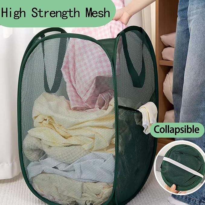 Green Pop Up Laundry Basket, Collapsible Laundry Hamper Space Saving | Foldable - Image 2