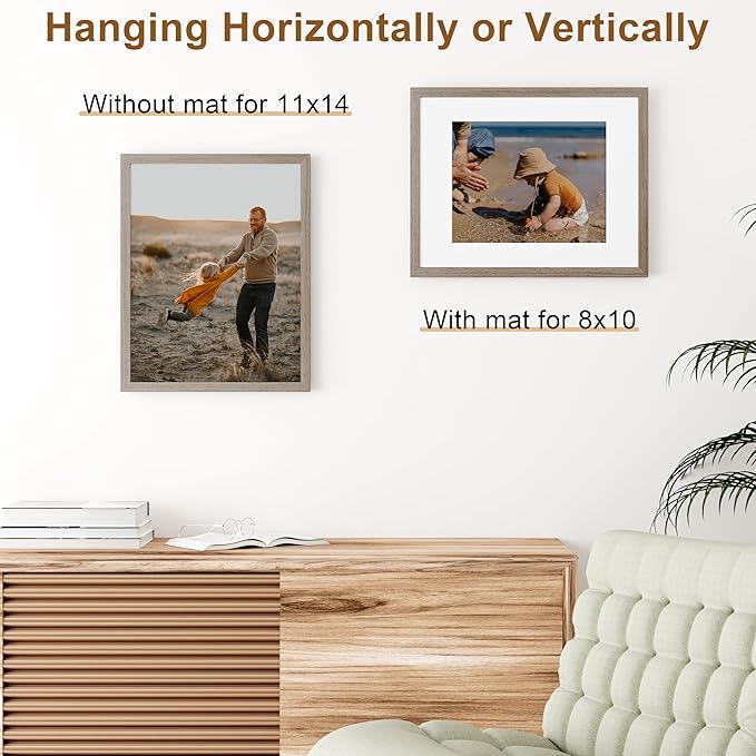 Vittanly 11x14 Picture Frame, Solid Wood Frame with Plexiglass, Includes 8x10 Mat, Wall Hanging for Photos, Home Decor, Light Brown, 1 Pack