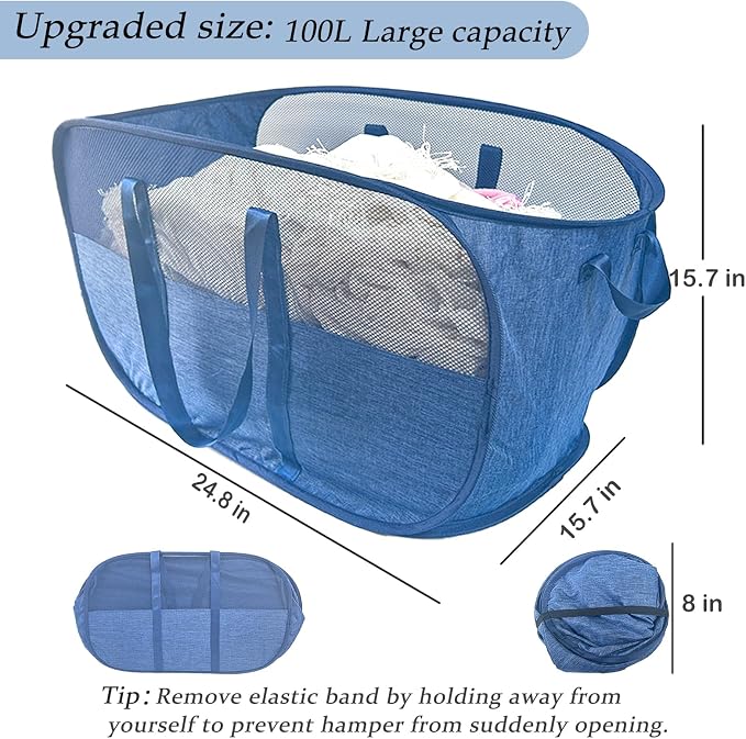 Extra Large Mesh Pop Up Laundry Hamper, 100L Collapsible Laundry Basket | - Image 2