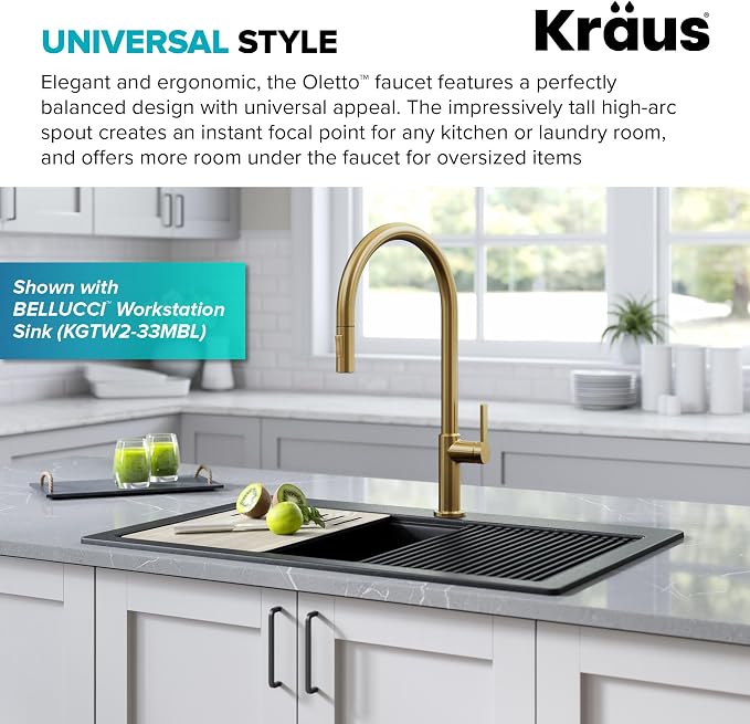 KRAUS Oletto High-Arc Single Handle Pull-Down Kitchen Faucet in Brushed Brass - Image 2