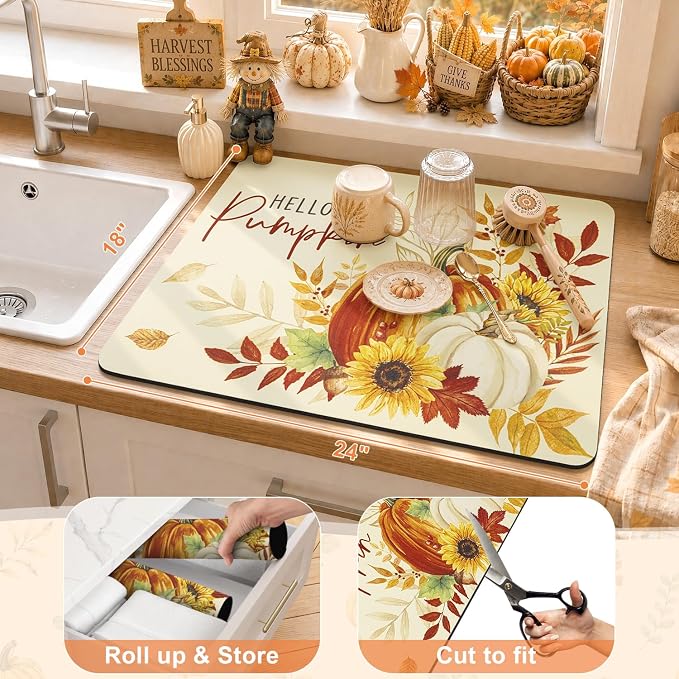 LOKHOM 18"x24" Fall Dish Drying Mat，Autumn Harvest Hello Pumpkin Sunflower | - Image 2