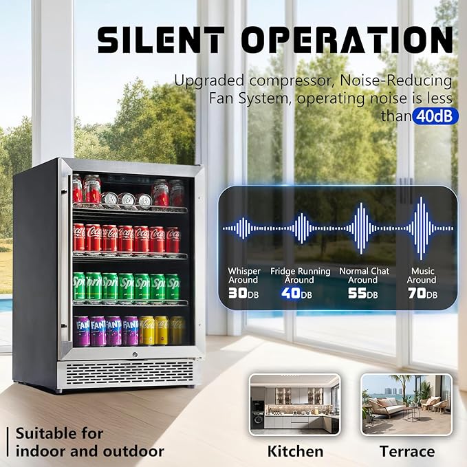 Jocisland 24 Inch Beverage Refrigerator, Built-In or Freestanding Fridge with Glass Door, LED Touch Control, Adjustable Shelves, Holds 207 Cans, Under Counter Beer & Wine Cooler, 34–64℉
