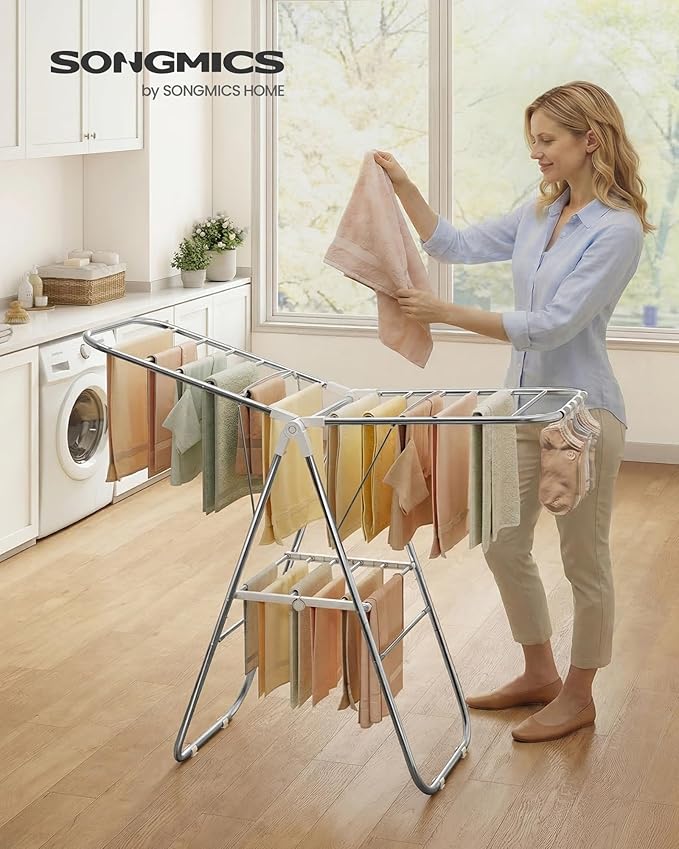 SONGMICS Clothes Drying Rack, Foldable Laundry Drying Rack, Metal Clothes Airer - Image 2