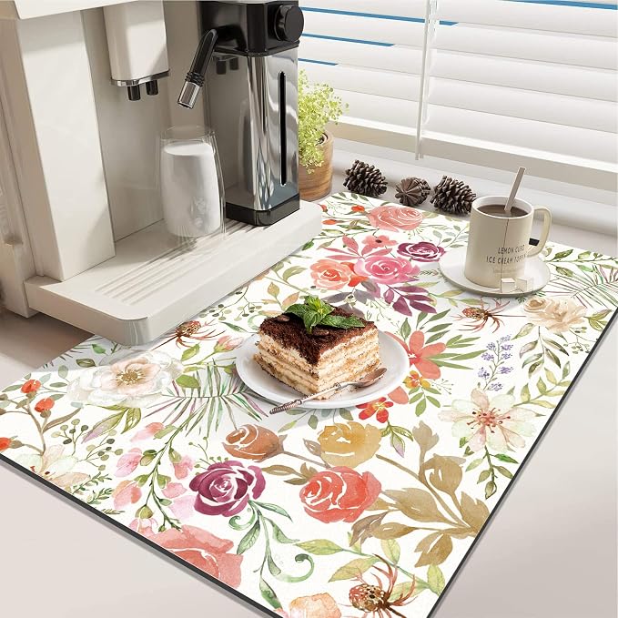 LOKHOM 18"x24" Dish Drying Mat，Pink Floral Coffee Mat | Pink Roses Petals Prints - Image 3