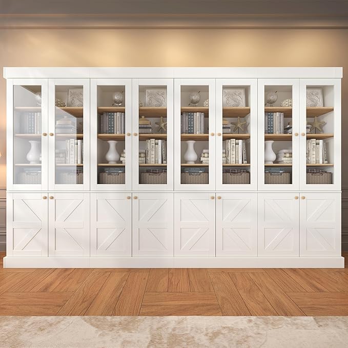 Vyre 71" Tall Farmhouse Kitchen Pantry, Set of 4 Large Storage Cabinets with Glass Doors, Adjustable Shelves, Wood Versatile Hutch Cabinet for Living Room, White