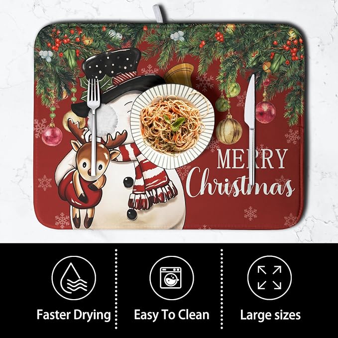 Christmas Dish Drying Mats for Kitchen Counter 18x24 Cute Snowman Red Dish - Image 4
