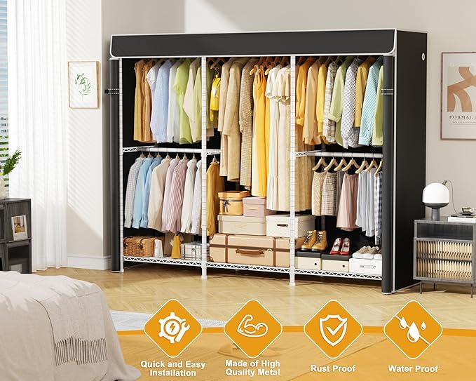 E14C Heavy Duty Closet Organizer System，Freestanding Clothing Racks for Hanging Clothes，Adjustable Garment Rack 70.1" W × 16.6" D × 76.4" H Hold 960 lbs，White Rack with Black Dustproof Cover