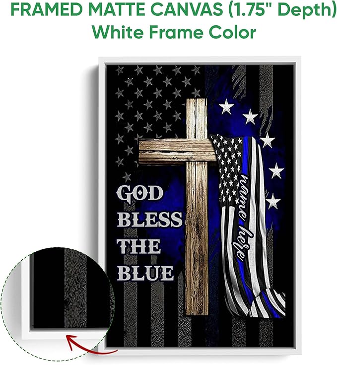 Personalized Police Poster & Framed Canvas, God Bless The Blue Home Office Decor, Custom Name Bedroom Living Room Aesthetic Wall Art Gift For Police Officer, Policeman, Husband, Men
