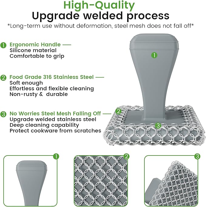 TOPULORS Cast Iron Scrubber Cleaner & 316L Stainless Steel Chainmail Scrubber with 2 Scrapers, Ergonomic Silicone Handle Brush for Pans Skillets Grills Dishes Cleaning - Non-Scratch Rust-Proof - Gray