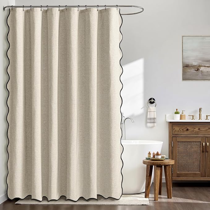 MIULEE Natural Scalloped Linen Shower Curtain 72x72 Inches - Image 2