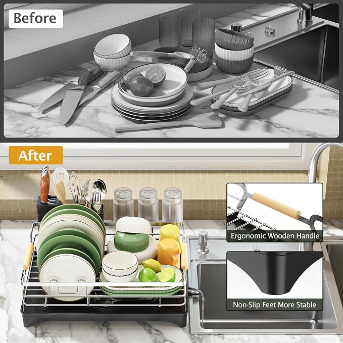 Epicano Dish Drying Rack for Kitchen Counter, Large Capacity, Wooden Handle - Image 7