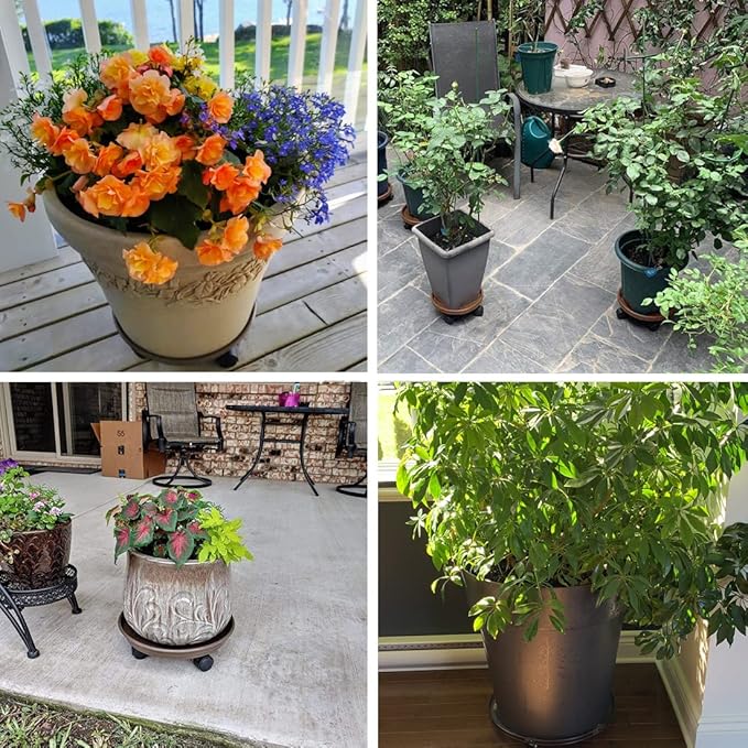 2 Pack Plant Caddy With Wheels 12inch,Round Potted Rolling Plant Stand With Wheels Heavy Duty Flower Pot Rack on Rollers Dolly Trolley Saucer Tray Pallet with Universal Wheels (12inch, Brown)