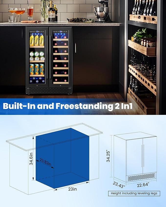 24 Inch Wine and Beverage Refrigerator Under Counter, Dual Zone Black Beverage Fridge with Glass Door&Lock,20 Bottles & 88 Cans Wine and Beverage Cooler, Freestanding Mini Fridge for Bedroom Home