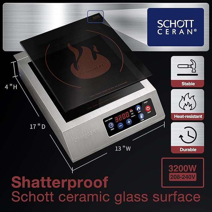 ChangBERT Portable Induction Cooktop 208-240V 3200W NSF Certified Commercial Range Countertop Burner Pro Chef Professional Hot Plate High Power 18/10 Stainless Steel Housing Schott Glass