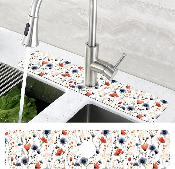 Watercolor Red and Blue Flowers Sink Faucet Absorbing Mat Sink Splash Guard - Image 4