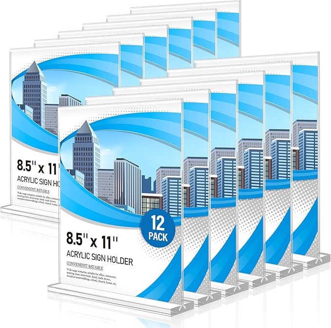 Acrylic Sign Holder 8.5 x 11 12 Pack, Double-Sided Clear Sign Holder Plastic Stands for Display, Table Sign Stands, T Shape Flyer Holder