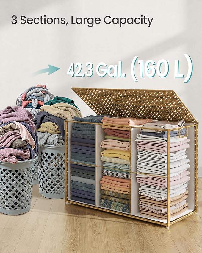 SONGMICS Laundry Hamper with Lid, 160L 3-Section Wicker Basket, 6 Mesh Bags - Image 4