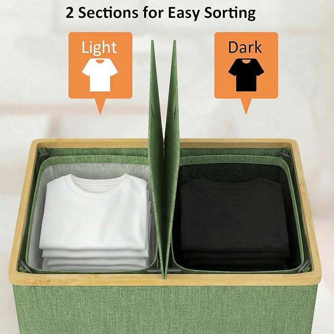 efluky Laundry Hamper with Lid, Double Laundry Basket with 2 Removable Bags - Image 2
