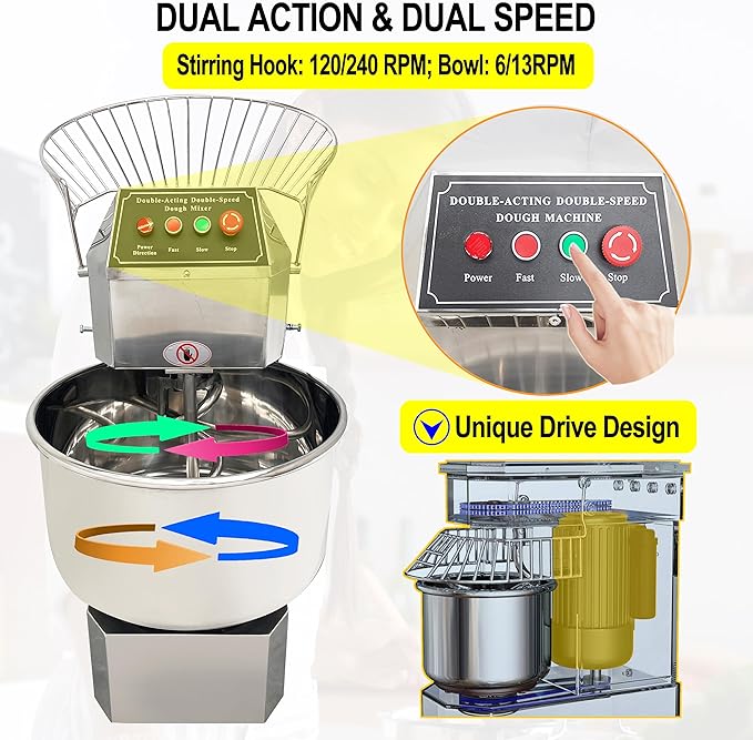 TECHTONGDA Commercial Dough Mixer 50L Food Mixer Stainless Steel Stand Mixer Dual Rotating Dough Kneading Machine with Double Speed Heavy Duty Pizza & Bread Dough Mixer for Restaurant Pizzeria 110V