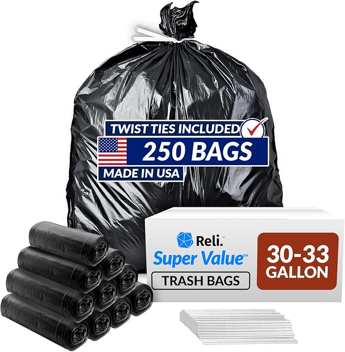 Reli. 30 to 33 Gallon Trash Bags Heavy Duty | 250 Trash Bags, Twist Ties | Black by Reli