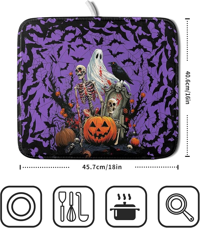 Giwawa Halloween Pumpkin Dish Drying Mat 16x18 inch Spooky Ghost Bat Dish Rack - Image 2