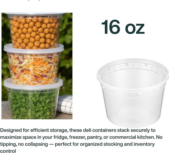 16oz [24 set] Heavy Duty Plastic Deli Container | BPA-Free Food Storage with Airtight Leak‑Proof Lids | Microwave, Freezer & Dishwasher Safe – Stackable, Bulk Reusable Soup & Meal Prep Tub