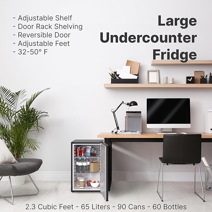 Premium Black Mini Fridge, 65L Undercounter Refrigerators, 90 Can Capacity, 2.3 Cu.ft. Freestanding Drink Fridge with Solid Door, Compact refrigerator with Reversible Door