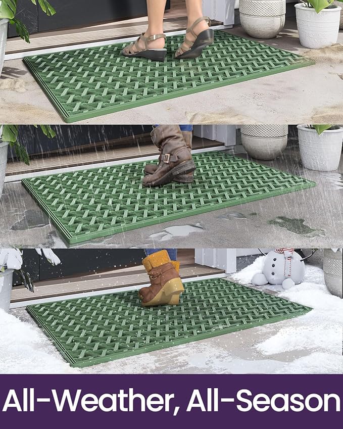DEXI Front Door Mat Outside Entrance Rubber 19x30, Welcome Floor Doormat Heavy Duty Non Slip, Dirt Trapper Waterproof Exterior Entry Mats All Weather for Patio Entryway Drainage, Green