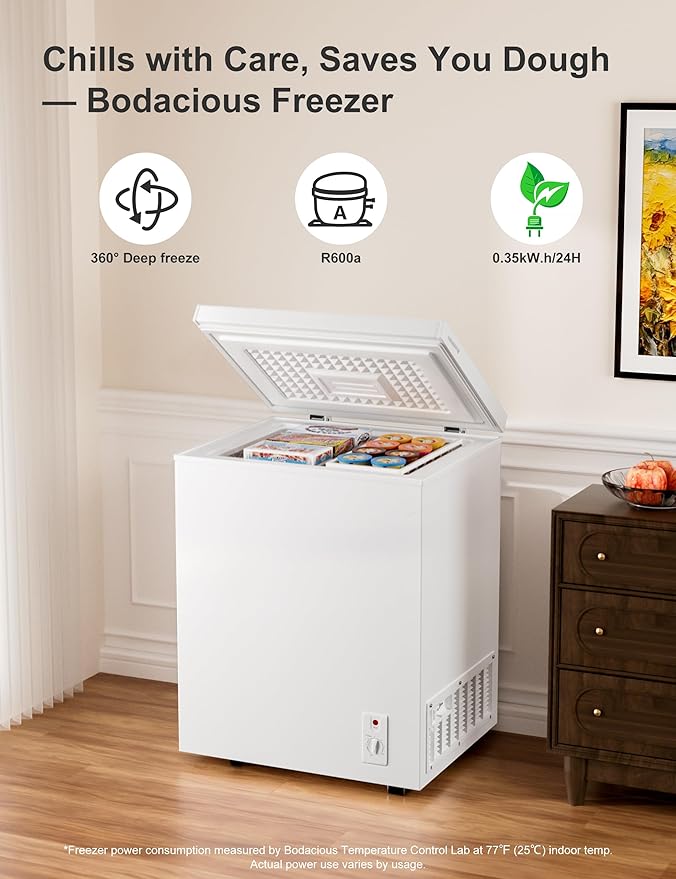 2.5 Cu.Ft Chest Freezer with Removable Basket, Small Deep Freezer, 6 Temp, Energy Efficient (0.35kWh/24H), <40dB Quiet, Manual Defrost, Space Saving Design for Dorm, Office, Apartment, Bar, White