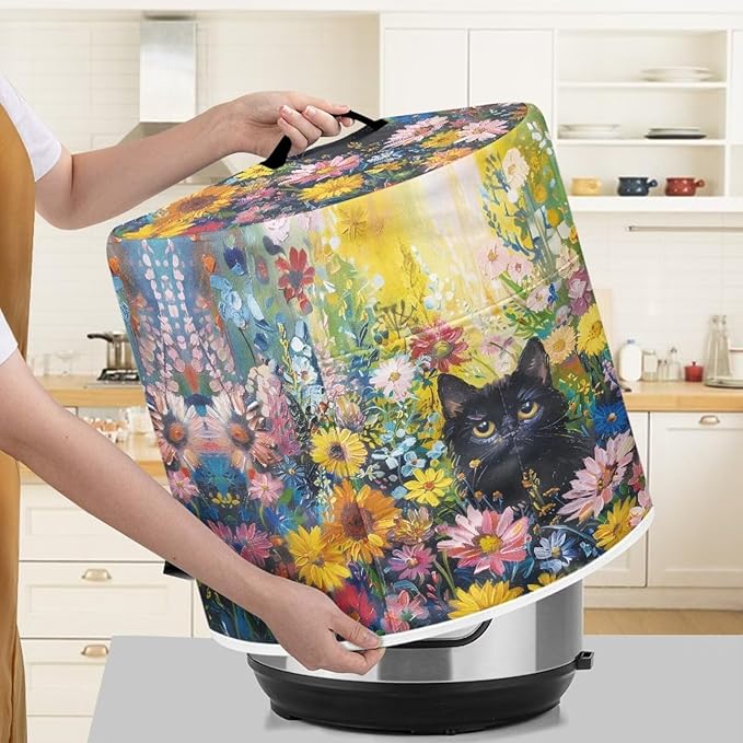 Xoenoiee Black Cat Vibrant Floral Print Kitchen Appliance Dust Cover with Pockets, Electric Pressure Cooker Cover for 8qt Compatible with Crock Pot, Rice Cooker Cover