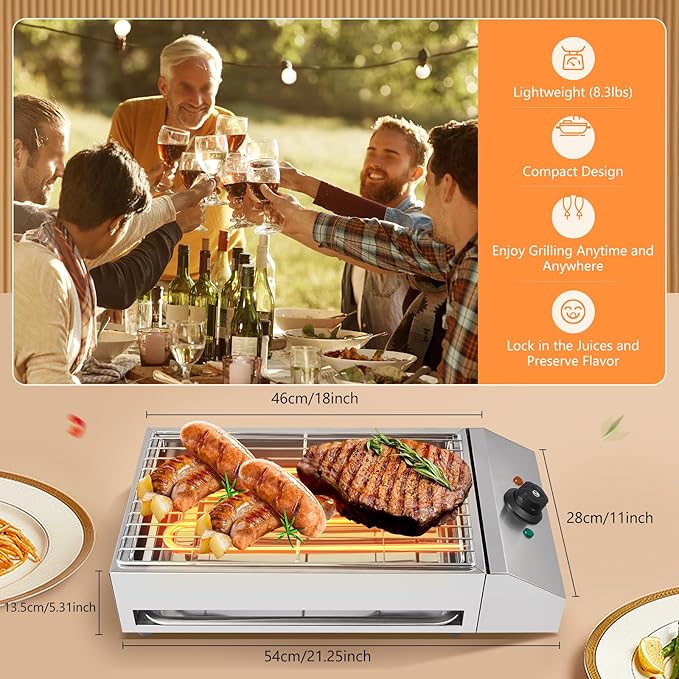 1800W Countertop Electric BBQ Grill Stainless Steel Party Grill Electric Barbecue Cooking Machine, Smokeless Party Grill Barbecue Tool, Fits Home Camping