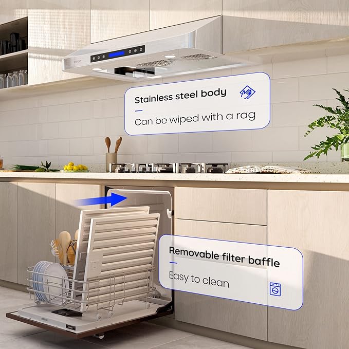 EKON 42 inches Under Cabinet Range Hood, 900 CFM Stainless Steel Kitchen Chimney Vent, 4 Speed Touch Screen Control With Remote 2Pcs 3W LED lights Dishwasher-safe Filters Fan Timer