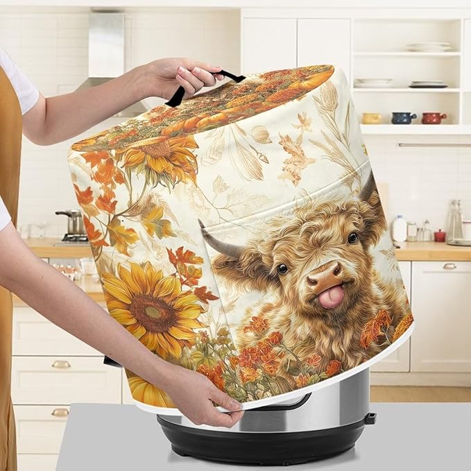 NEITLGEN Maple Leaf Highland Cow Kitchen Appliance Dust Cover Universal Size 6 Quart Pressure Cooker/Air Fryer/Rice Cooker Cover with Top Handle and Storage Pocket Thanksgiving Day Decor