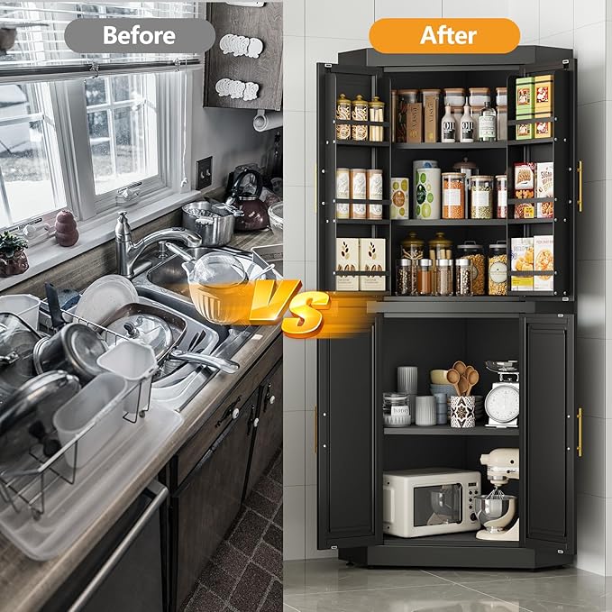 63" Tall Metal Corner Kitchen Pantry Cabinet, Steel Storage Cabinets with 4 Doors and 3 Shelves, Kitchen Food Cabinets with 6 Door Panel Shelves, Farmhouse Cupboard for Kitchen Dining, Black