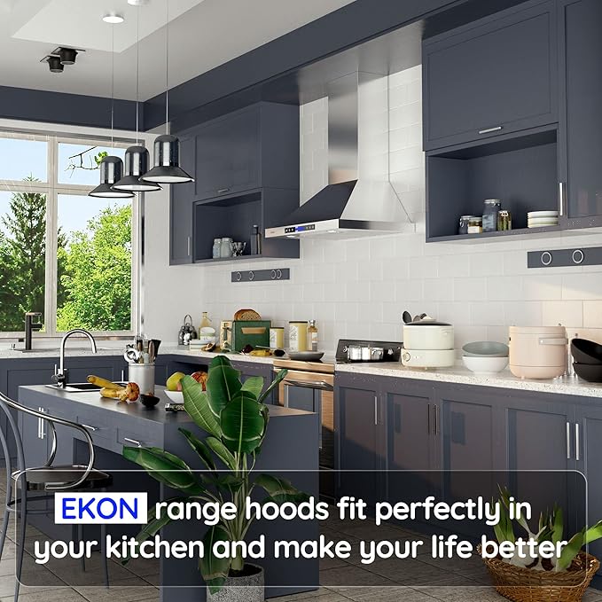 Range Hood, EKON NAP02 900CFM Wall Mount Range Hood Ducted/Ductless Convertible Kitchen Chimney Vent, 4 Speeds Touch Control/Remote,Delay Shut Off Function,Dishwasher-safe Filters (NAP02-30IN)