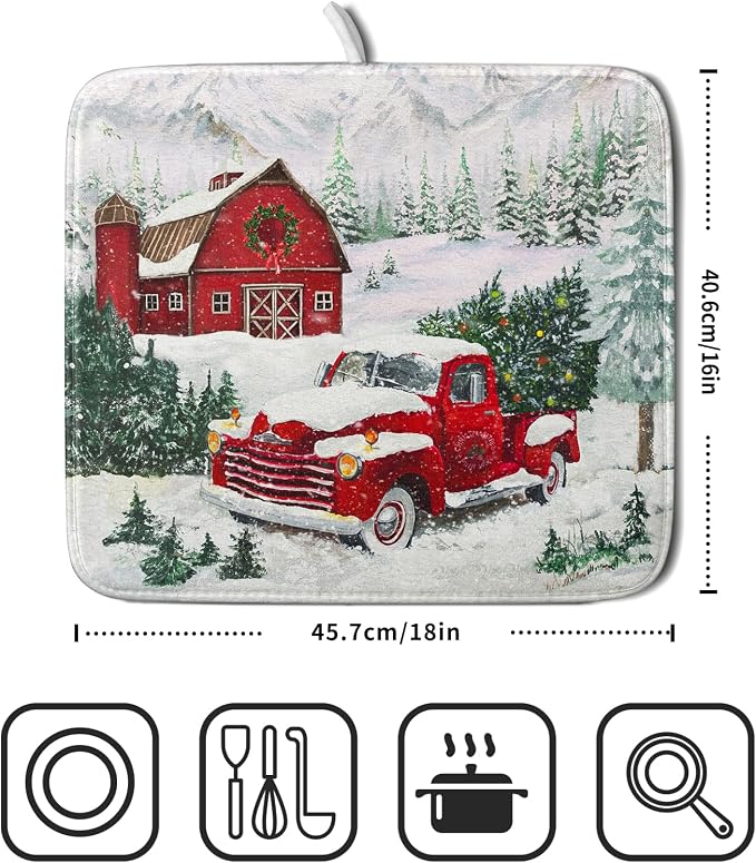 Winter Red Truck Dish Drying Mat Christmas Tree Dishes Pad 16x18 Inch Dish - Image 2