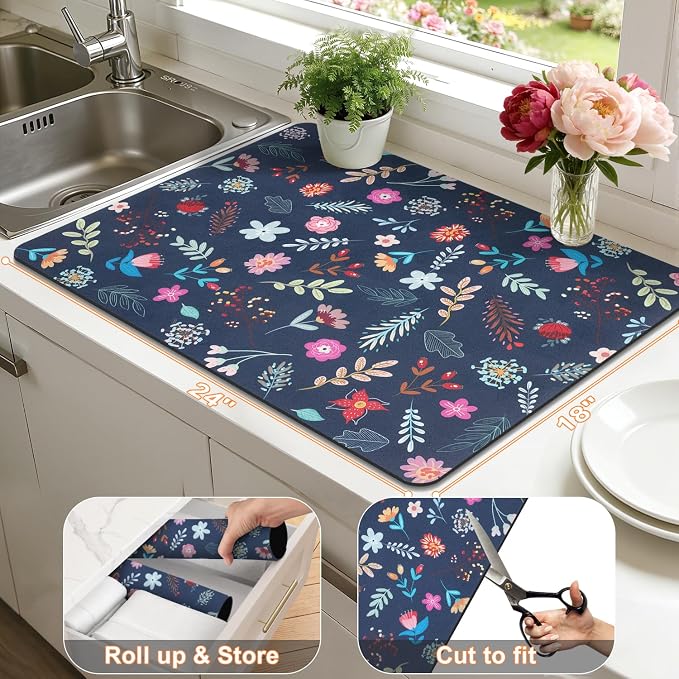 LOKHOM 18"x24" Dish Drying Mat，Colorful Floral Coffee Mat Blue | Colorful - Image 3