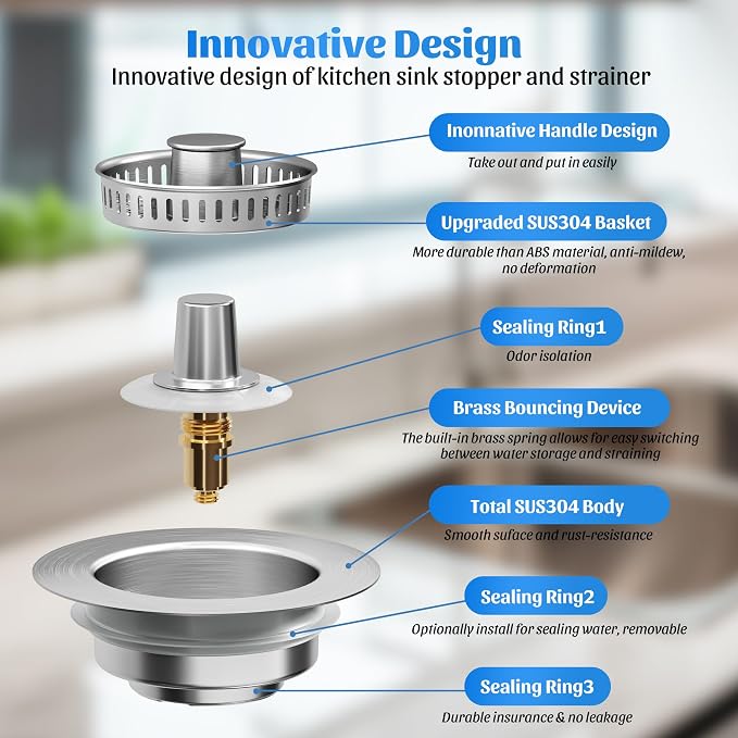 NinjaTiger 2-Pack Kitchen Sink Drain Strainers, 3-in-1 Sink Stoppers - Image 7