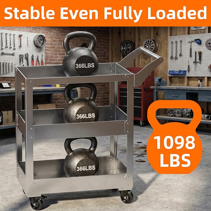 3-Tier Gauge Stainless Steel Multi-Functional cart, 1100-pound Heavy-Duty Wheeled Service cart, Wheeled Rolling Tool cart, Suitable for Mechanics, garages, workshops, Warehouses