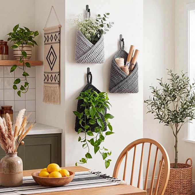 Honeydak 3 Hanging Baskets, Dark Grey, Cotton Rope - Image 5