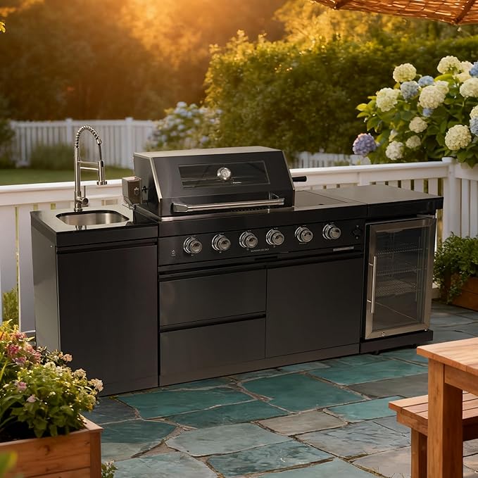 85 Inch 4-Burner 72000 BTU Natural Gas Outdoor Kitchen Island with Grill, Wine Cooler Compact Refrigerator, Rotisserie Kit, Granite Countertops, Stainless Steel Sink, Black