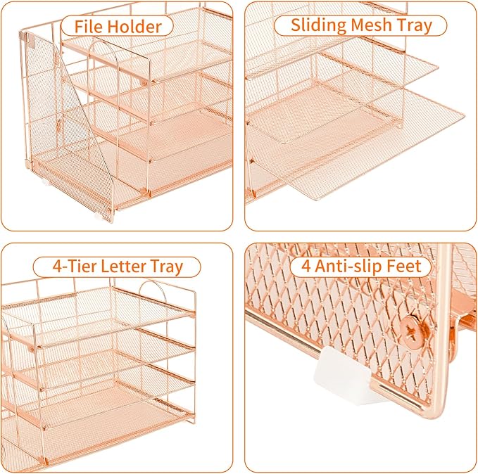 OPNICE Desk Organizer, 4-Tier Paper Organizer Letter Tray, Rose Gold | Desk - Image 4