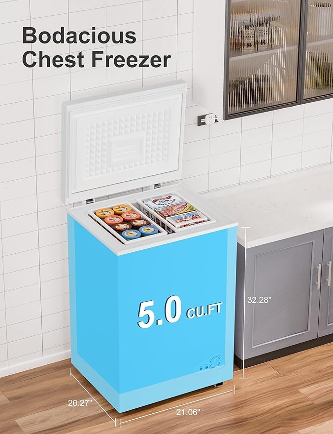 5.0 Cu.Ft Chest Deep Freezer with 2 Removable Baskets, Energy Efficient (0.41kWh/24H), <40dB Ultra-Quiet, 6 Temp Control, Manual Defrost, Free Standing Top Open Door for Home Garage Basement, White