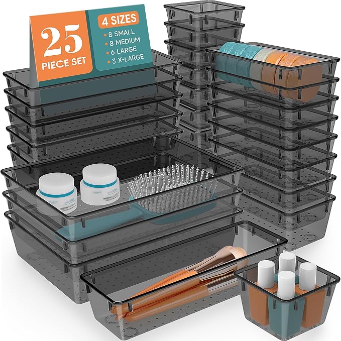 25 PCS Plastic Drawer Organizer Set, Makeup Organizers and Storage Bins | 4 by WOWBOX