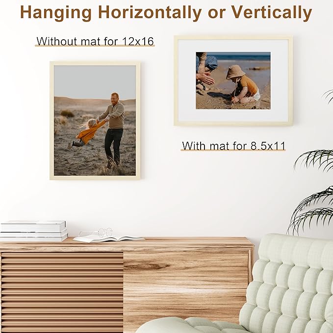 Vittanly 12x16 Picture Frame, Solid Wood Frame with Plexiglass, Includes 8.5x11 Mat, Wall Hanging for Photos, Home Decor, White, 1 Pack
