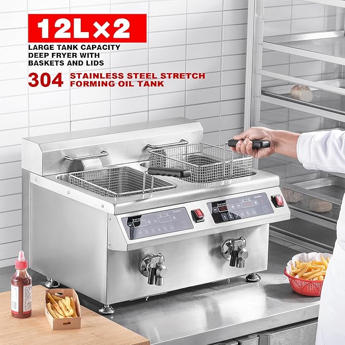 EGGKITPO 240V 7000W Commercial Induction Fryer 12L×2(25.4 QT) Electric Deep Fryer with Solid Baskets, 60 Minutes Timer Oil Drain Stainless Steel Bulid for Large Restaurant or Business Use