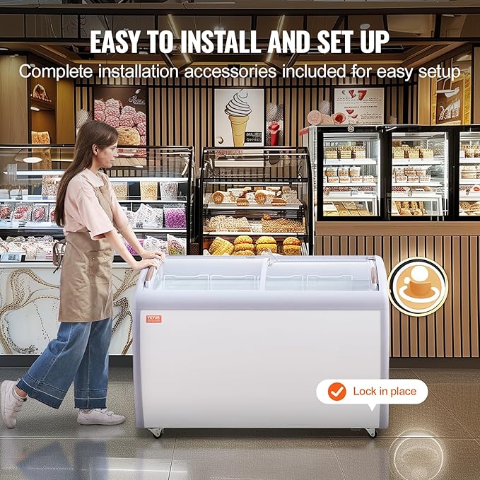 VEVOR Commercial Ice Cream Display Case, 12.8 Cu.ft Chest Freezer, Mobile Glass Top Deep Freezer, Restaurant Gelato Dipping Cabinet with 4 Wire Baskets, 2 Sliding Glass Doosr, Locking Casters, White