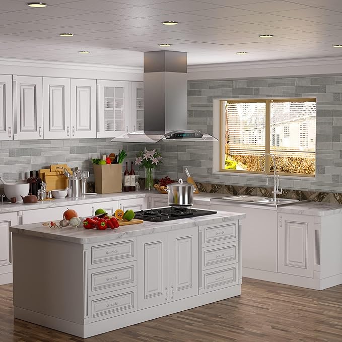 IKTCH 36-Inch Island Mount Range Hood, 900 CFM Ducted, Stainless Steel & Tempered Glass, Gesture Sensing & Touch Control, 4-Speed Fan